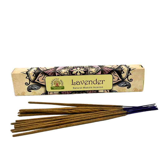 Namaste Mandala Masala Incense - Lavender masala incense sticks in packaging, floral calming scent.