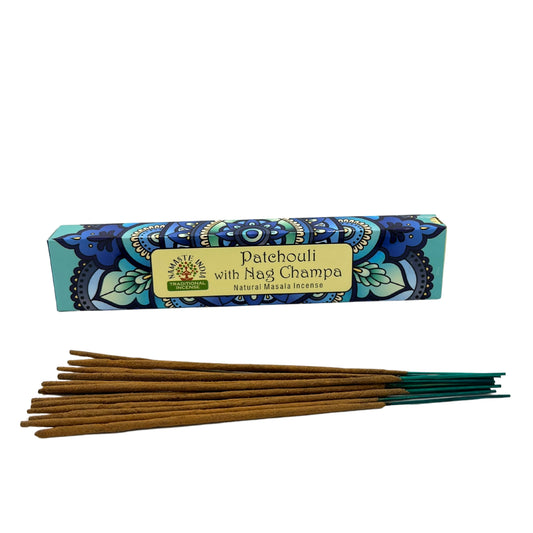 Namaste Mandala Masala Incense - Patchouli with Nag Champa masala incense sticks in packaging, earthy and warm scent.
