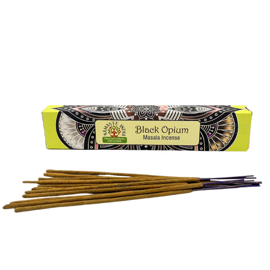 Namaste Mandala Masala Incense - Black Opium masala incense sticks in packaging, warm smoky scent.