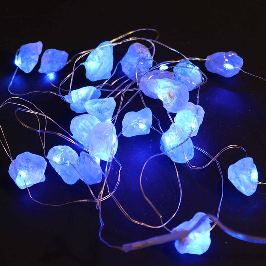 Celestite gemstone enchantment lights blue crystal LED string lights glowing