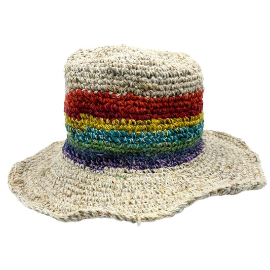 Hand- Knited Hemp and Cotton Boho Festival Hat - Rainbow