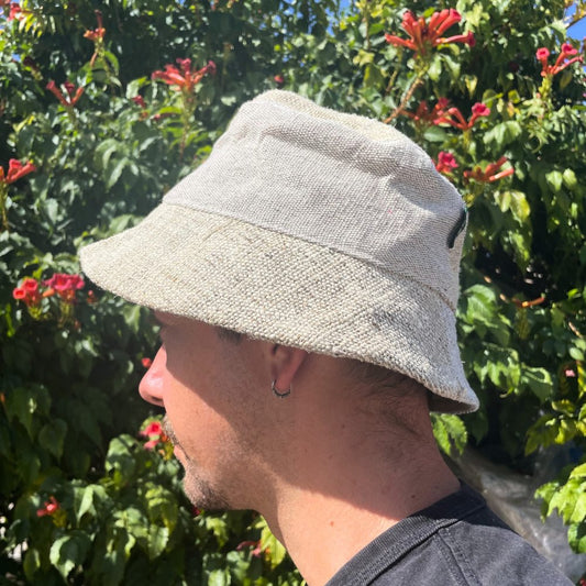 Natural patched hemp and cotton boho festival bucket hat