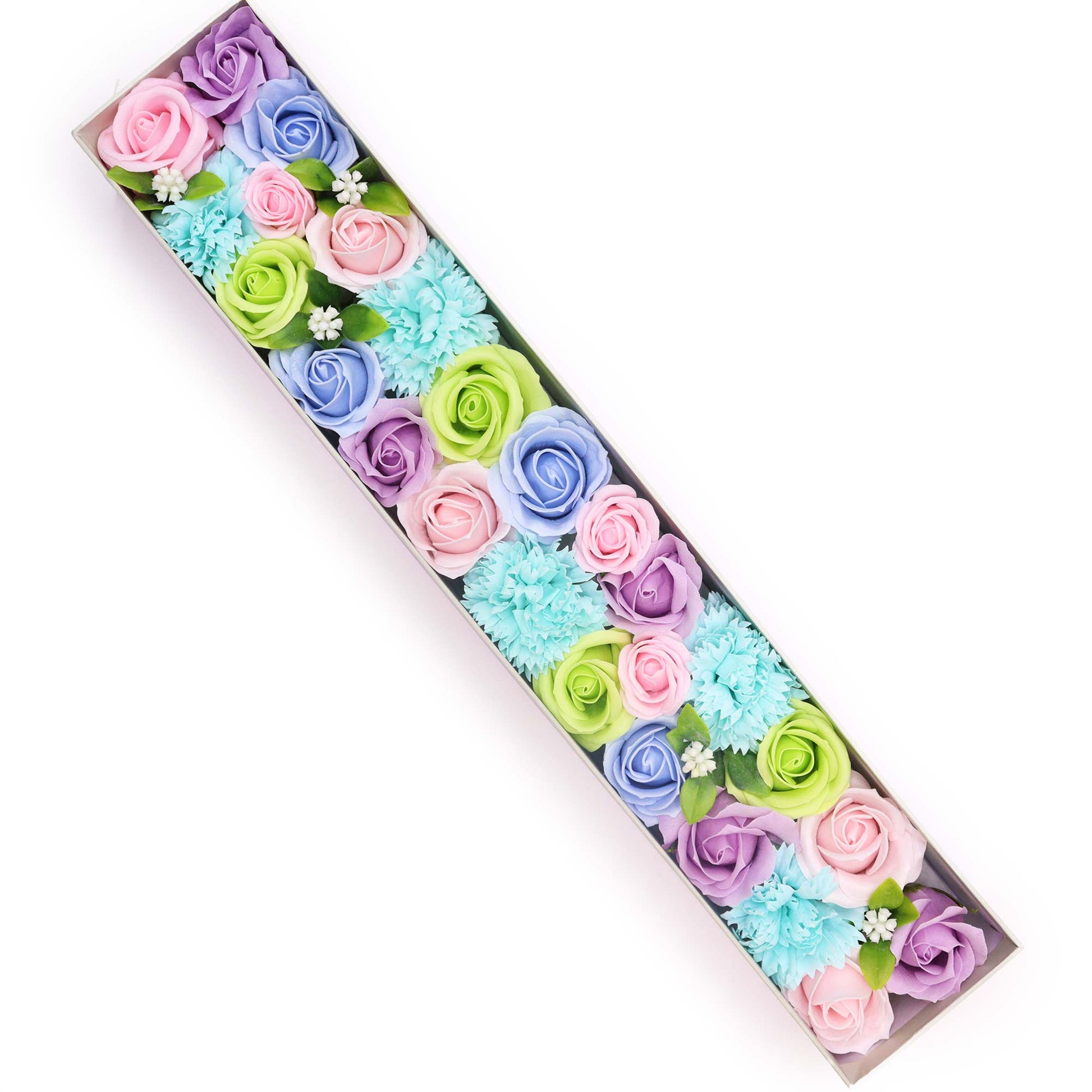 Pastel soap roses and carnations are arranged in a rectangular box, on a white background.