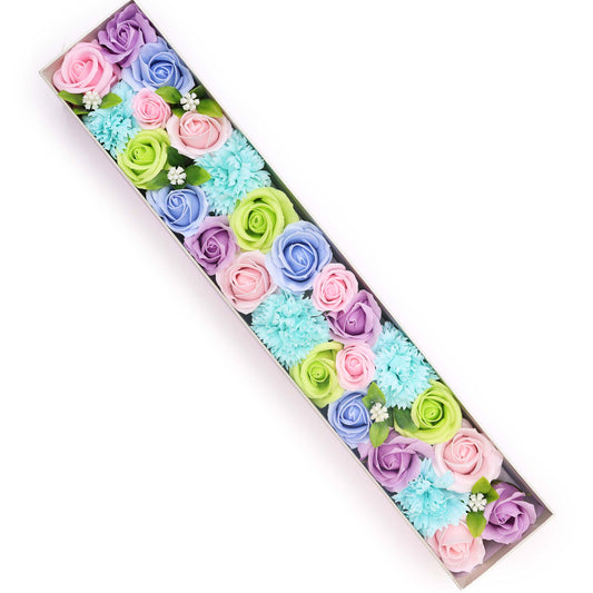 Pastel soap roses and carnations are arranged in a rectangular box, on a white background.