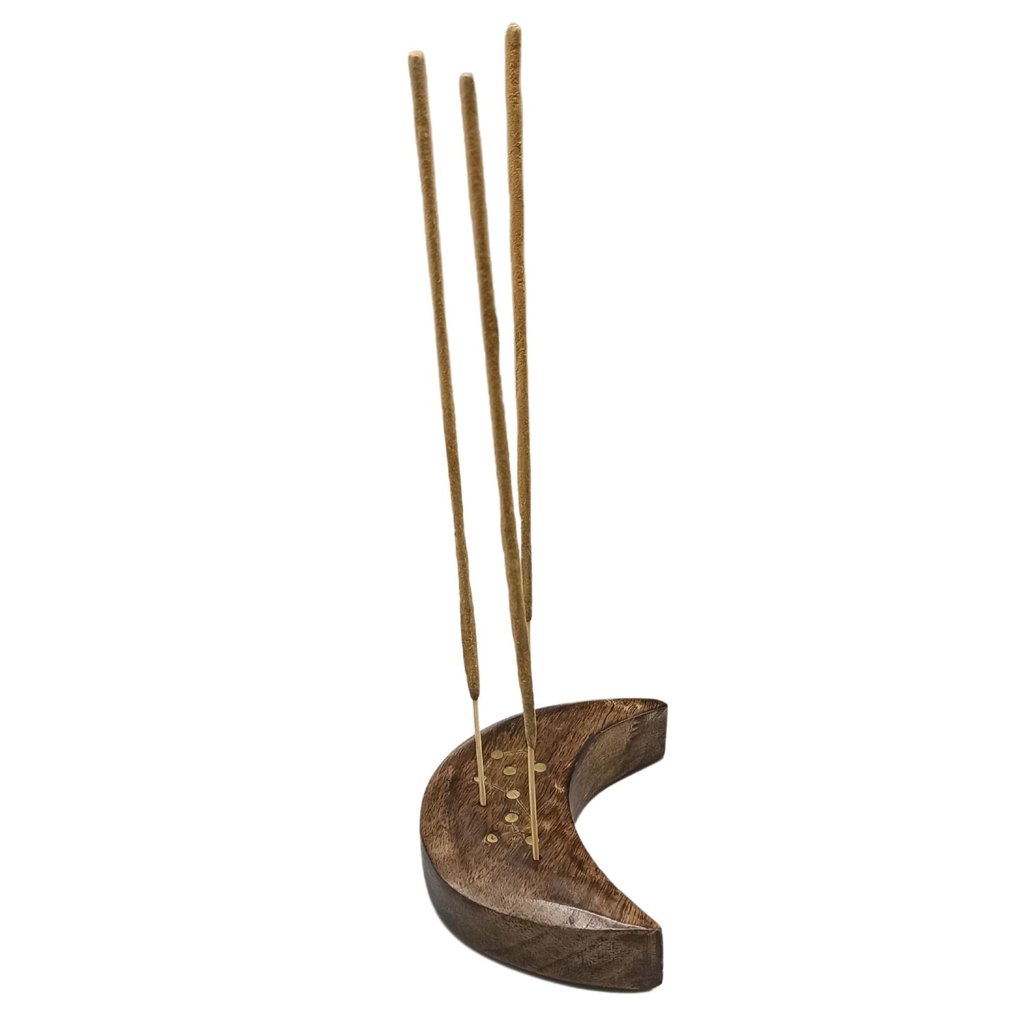 Wooden crescent-shaped holder supports several vertical incense sticks. The holder, decorated with small circular inlays, is set against a plain white background.