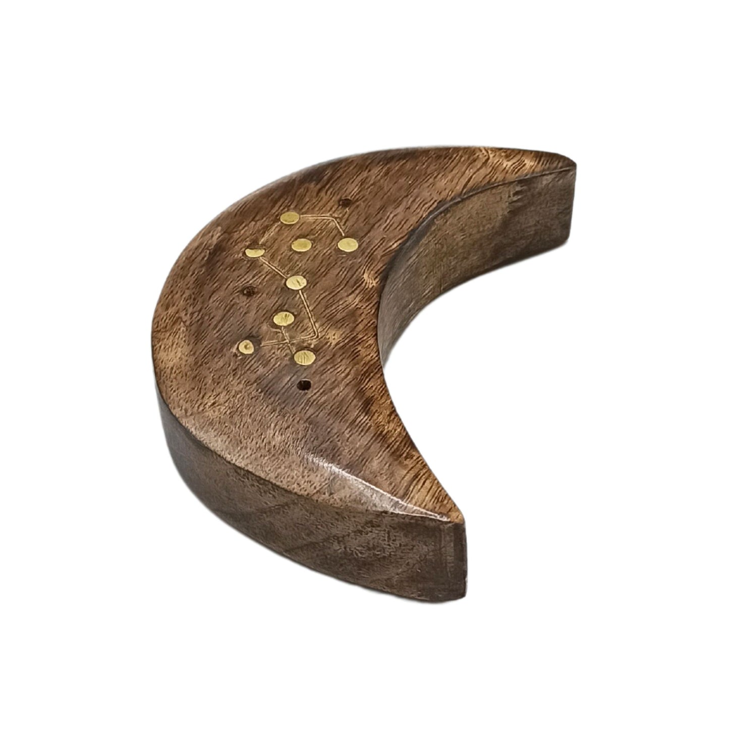 A crescent-shaped wooden object, engraved with gold dots and lines resembling a constellation, rests isolated on a white background.