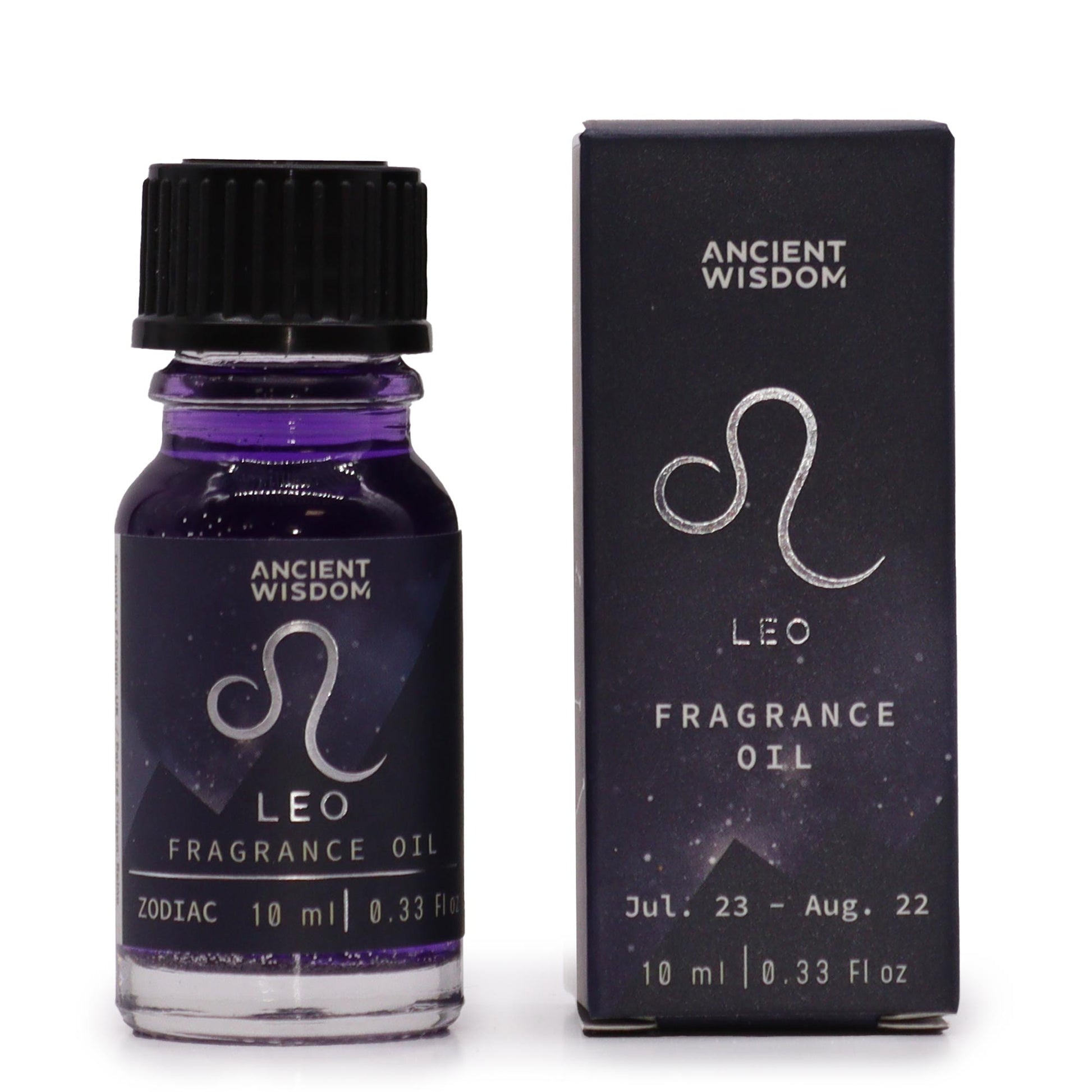 A small, purple fragrance oil bottle, displaying the Leo zodiac symbol and "Ancient Wisdom" branding, sits beside its packaging on a white background.