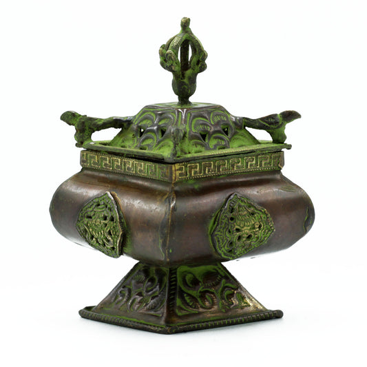 Brass Verdigris Tibetan Incense Burner - Four Symbols Square Standing Pot