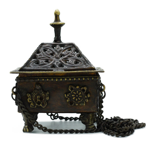 Brass Tibetan Incense Burner - Eight Symbols Square Hanging Pot