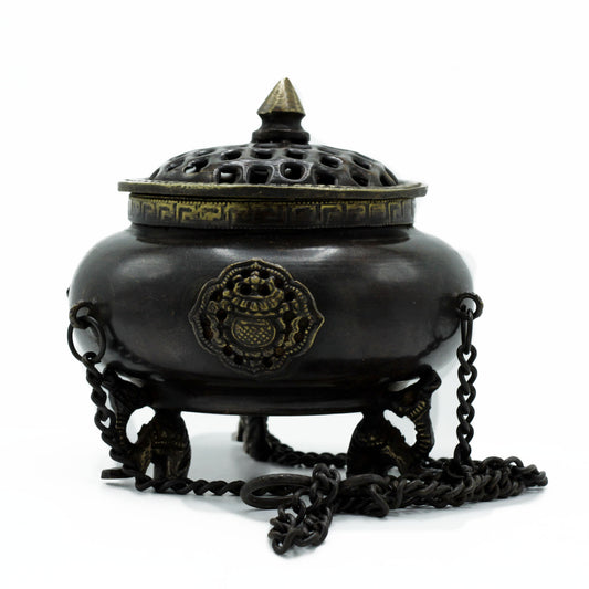 Lrg Brass Tibetan Incense Burner - Four Symbol Hanging Pot