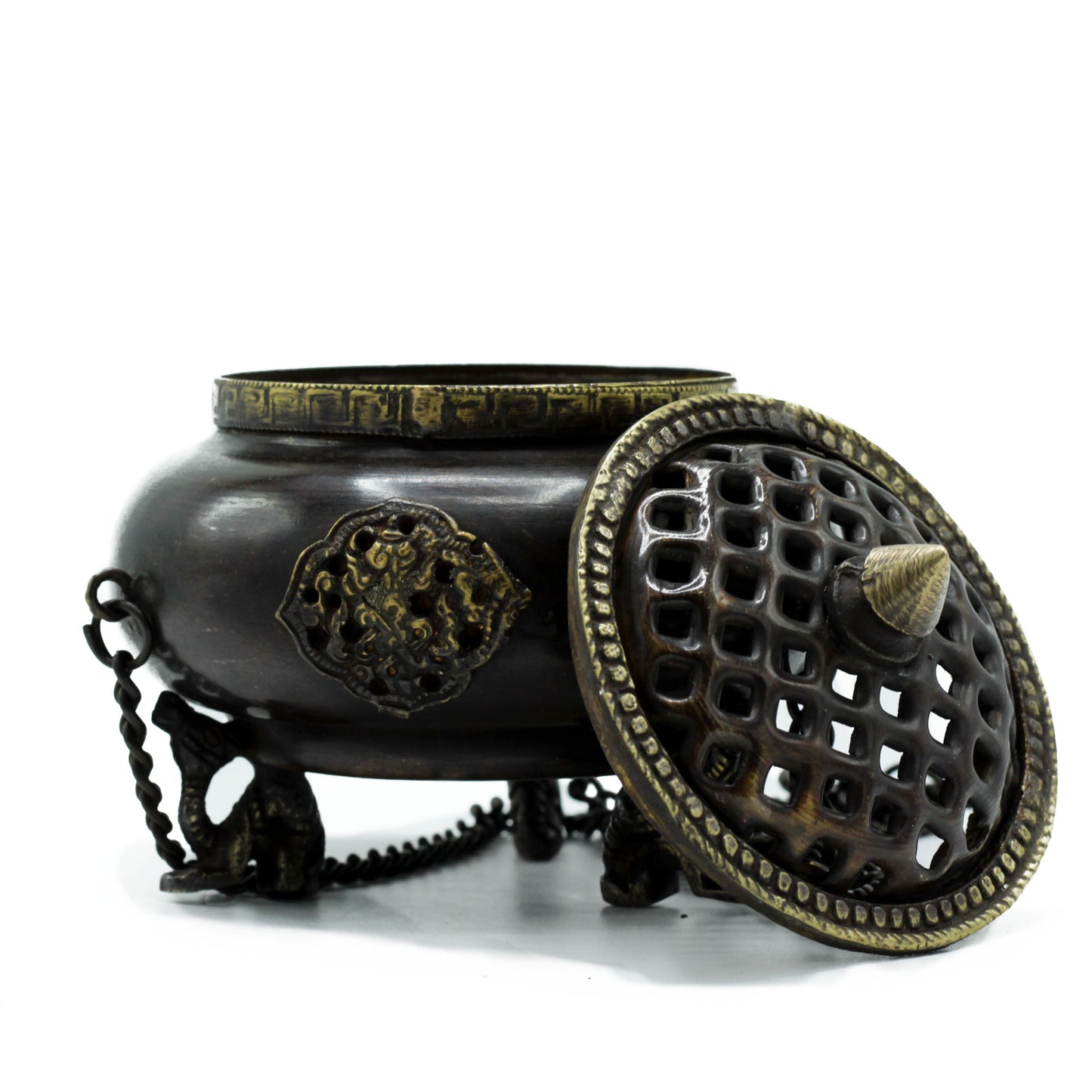 Lrg Brass Tibetan Incense Burner - Four Symbol Hanging Pot