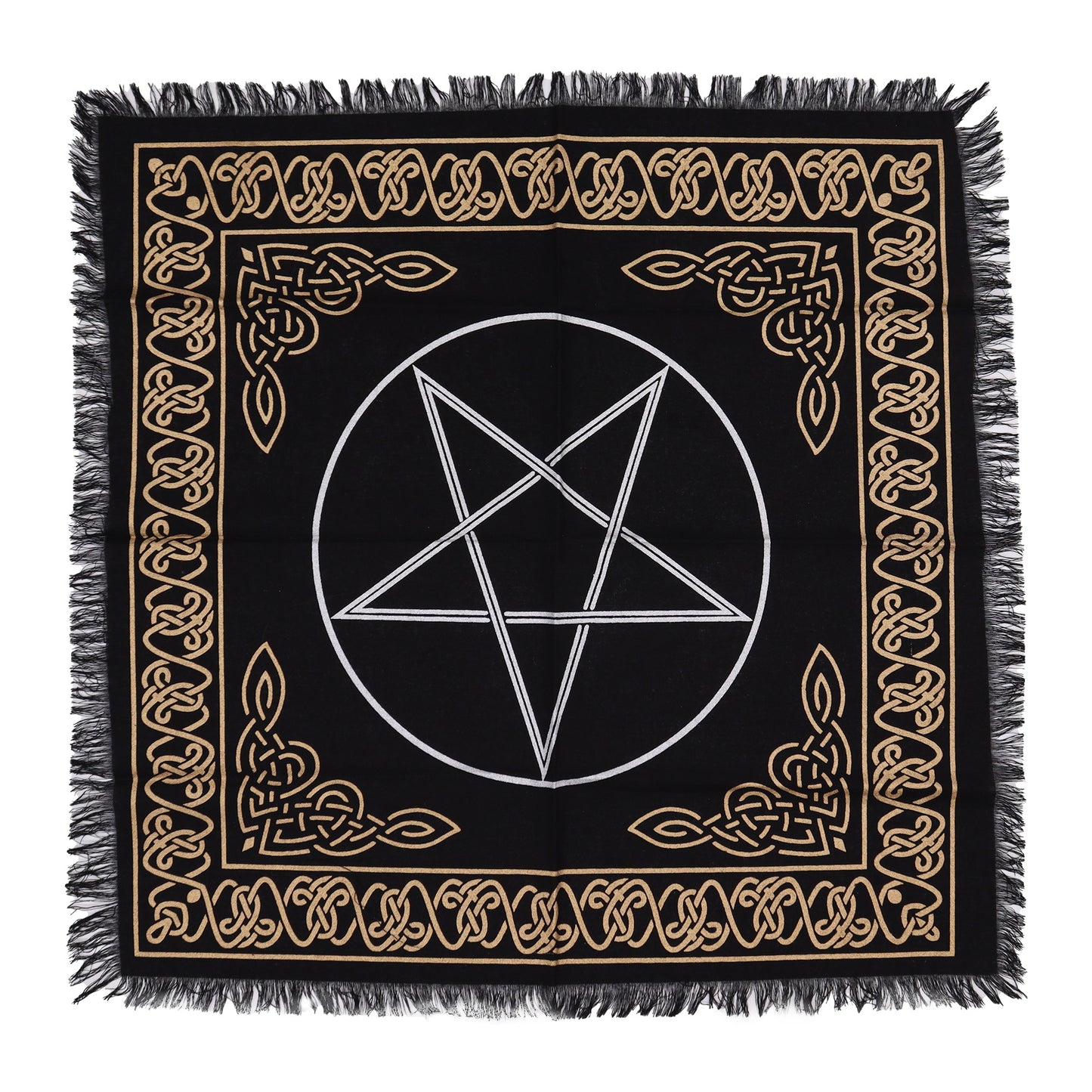 A black square cloth displays a pentagram within a circle, surrounded by a gold Celtic knot border.  The cloth has frayed edges.