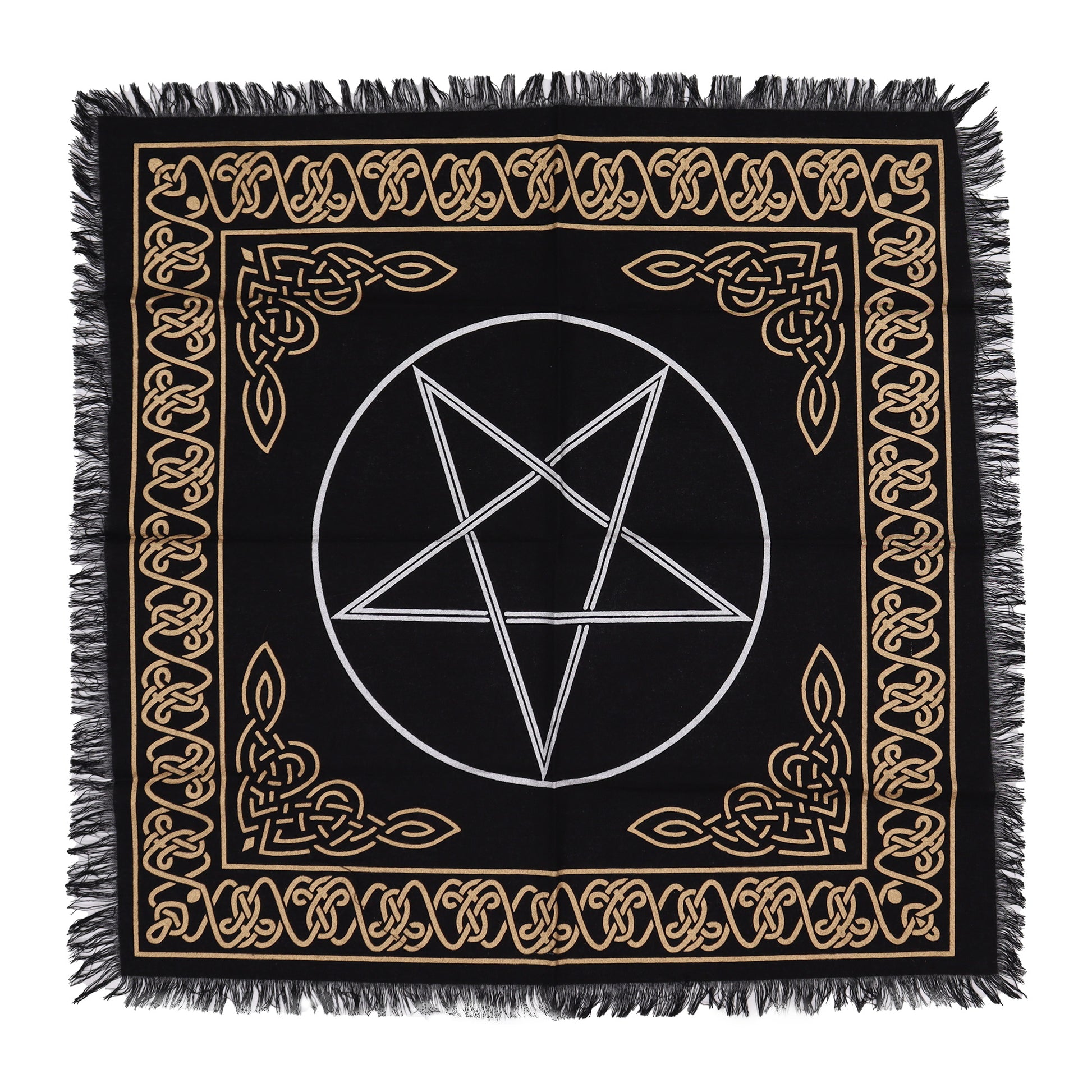 A black square cloth displays a pentagram within a circle, surrounded by a gold Celtic knot border.  The cloth has frayed edges.