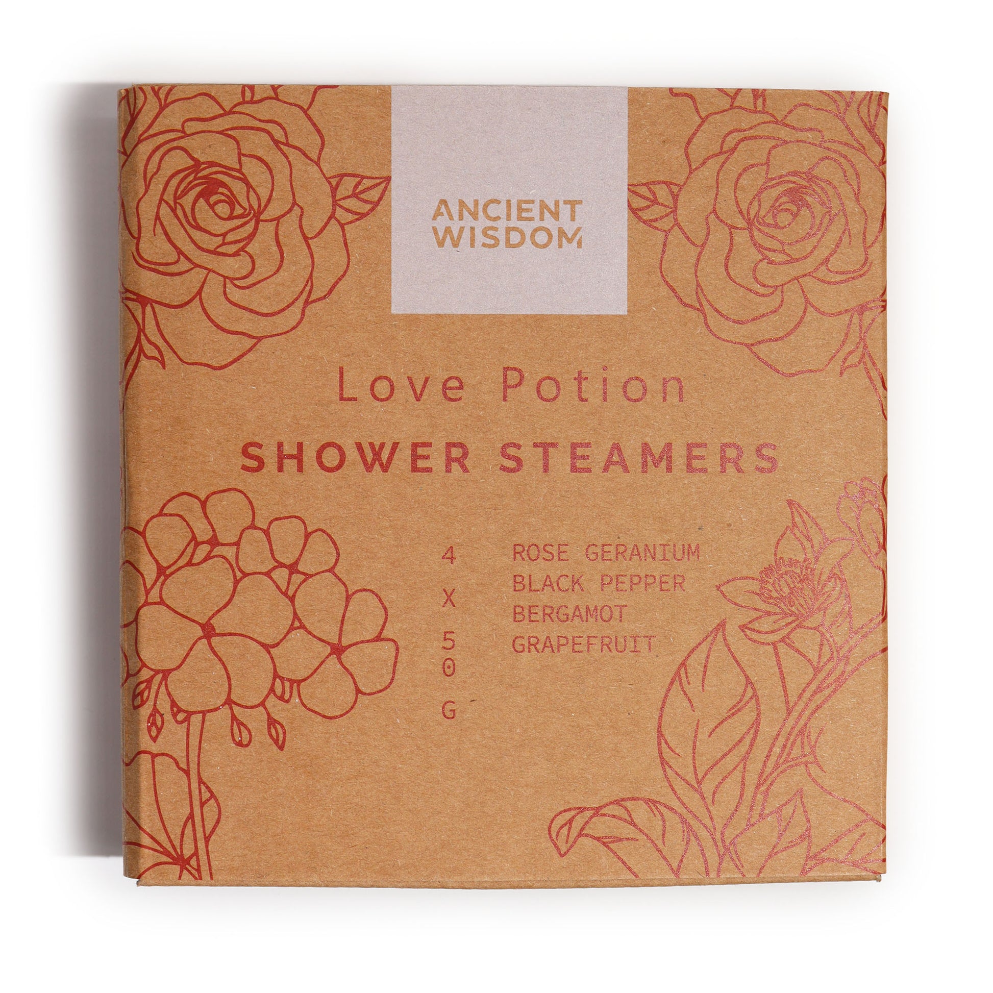 A brown package labeled "Ancient Wisdom Love Potion Shower Steamers" with floral designs, listing scents: Rose Geranium, Black Pepper, Bergamot, Grapefruit. Each weighs 50g.