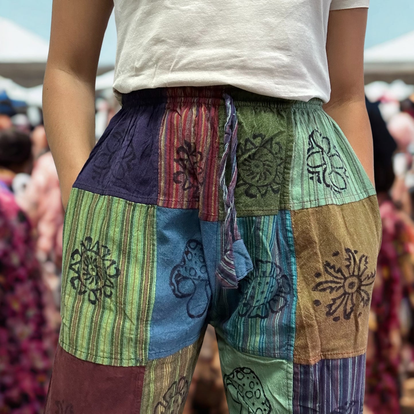 Nomad Sari - Mushroom Pants - Block Print Designs -Green Tones S/M