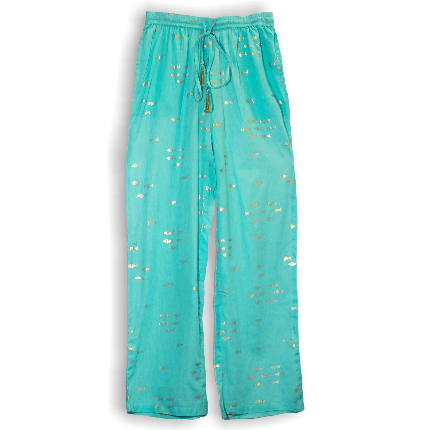 (LXL) Nomad Sari On the Med Collection - Boho Lounge Pants - Turquoise & Gold Fish Design