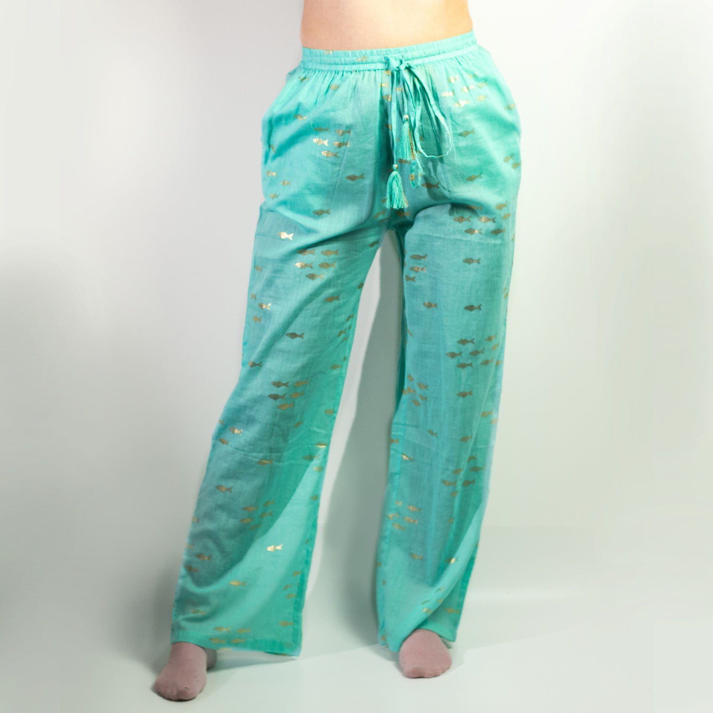 (LXL) Nomad Sari On the Med Collection - Boho Lounge Pants - Turquoise & Gold Fish Design