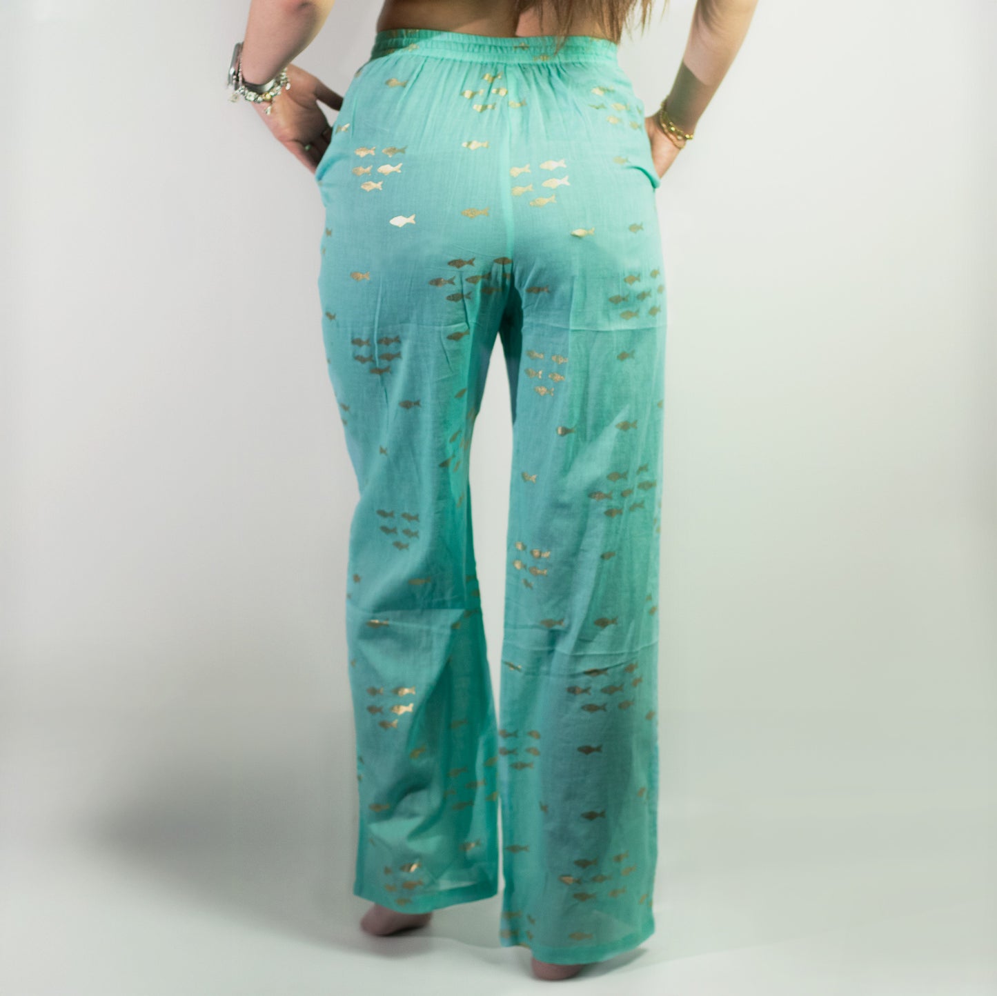 (LXL) Nomad Sari On the Med Collection - Boho Lounge Pants - Turquoise & Gold Fish Design