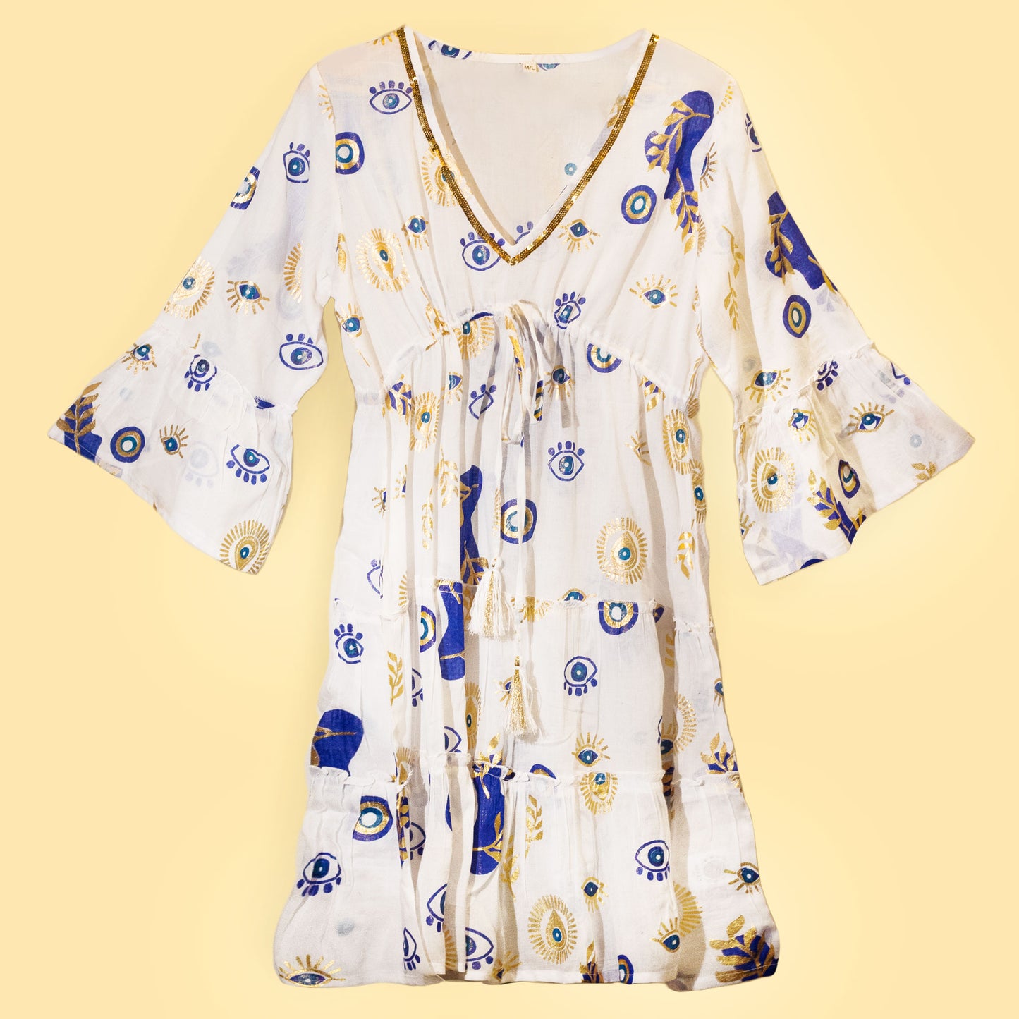 (LXL) Nomad Sari On the Med Collection - Dress -  White , Blue & Gold Evil Eye Design