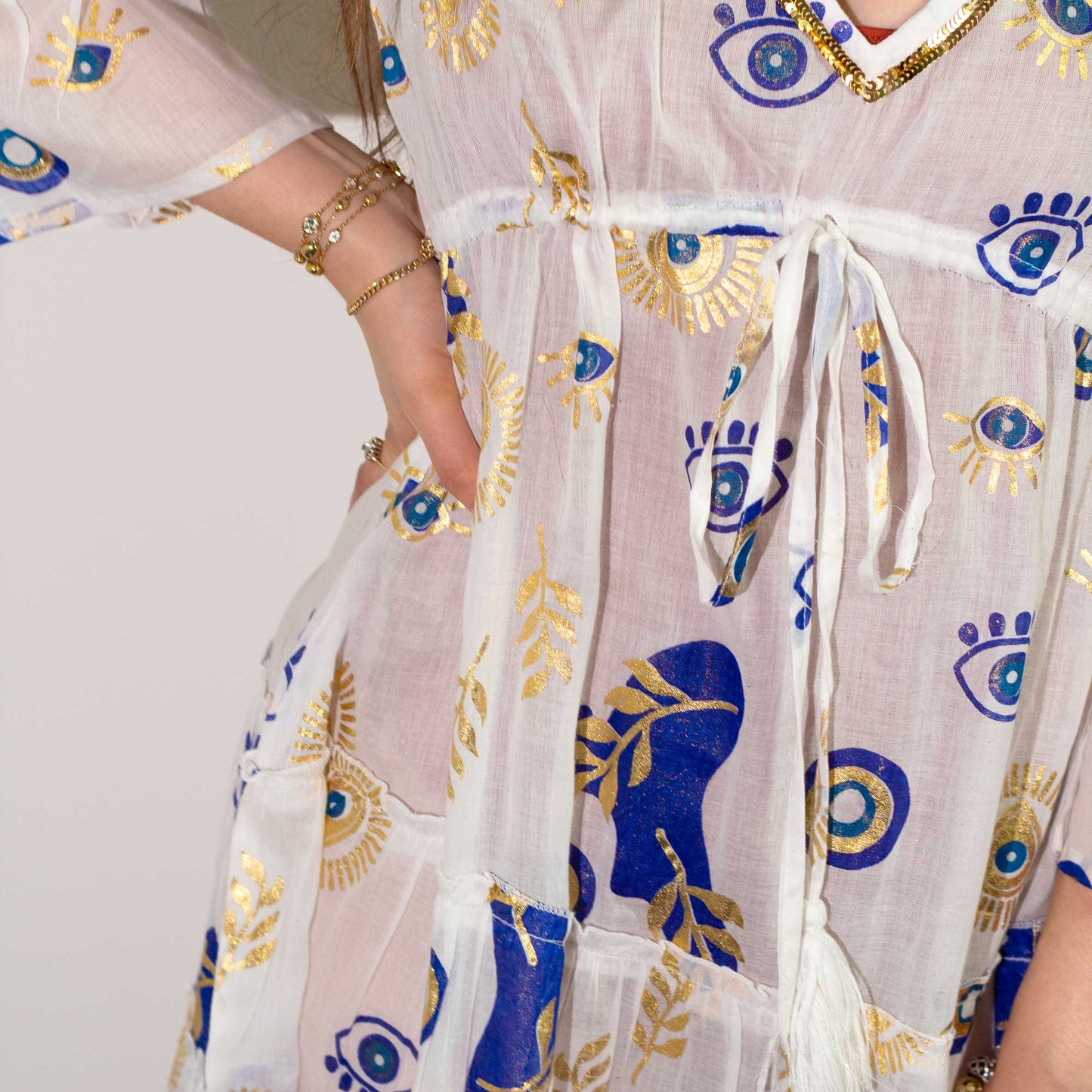 (LXL) Nomad Sari On the Med Collection - Dress -  White , Blue & Gold Evil Eye Design