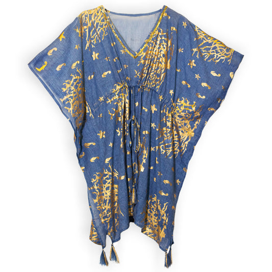 Nomad Sari On the Med Collection - Kaftan - Sea Blue & Gold Coral Design