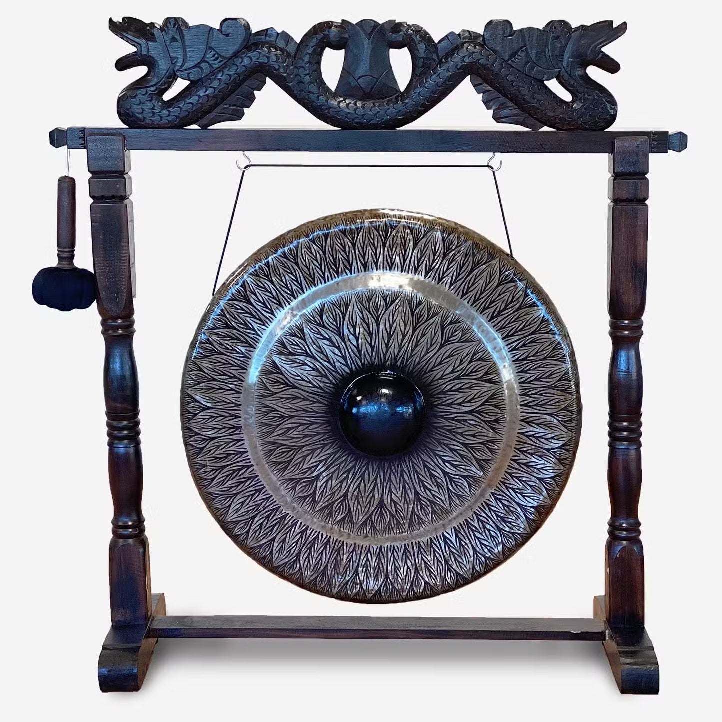 Large 80cm gong hanging from a brown antique carved dragon stand with included gong mallet