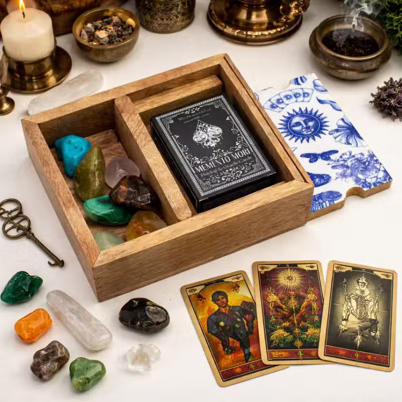 Two section mango wood tarot box with ceramic moon symbol, divided storage compartments and upright card holder