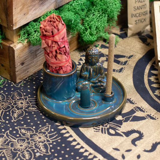 Blue glazed ceramic Buddha incense plate with seated Buddha and holders for incense sticks and cones