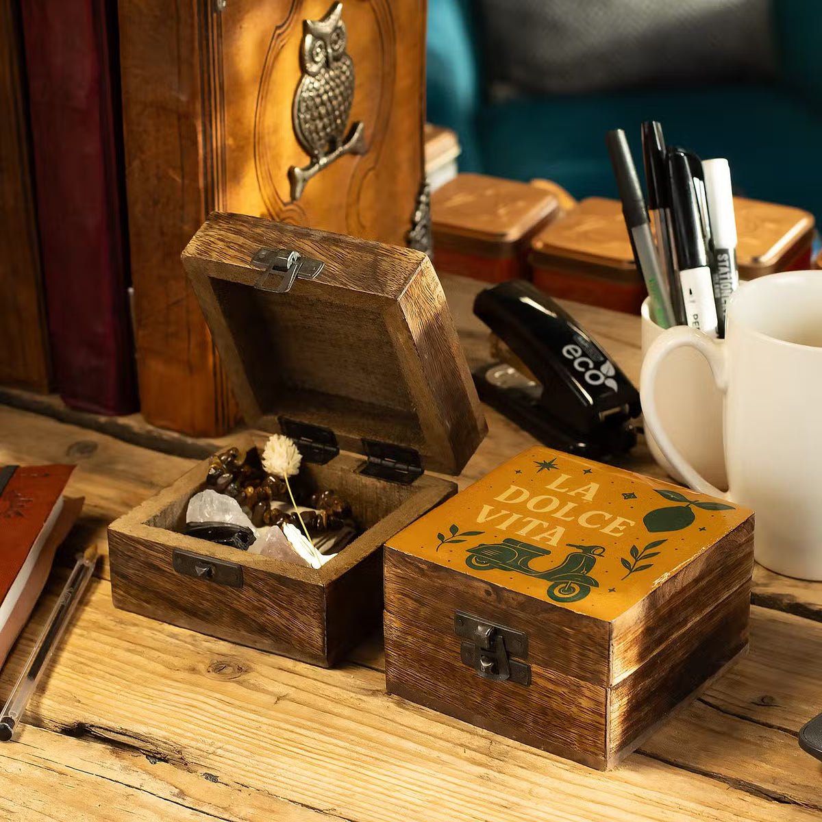 La Dolce Vita small enamelled mango wood box with classic scooter citrus fruit and Mediterranean artwork