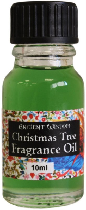 A small glass bottle contains green fragrance oil.  A black cap tops the bottle. The label reads: ANCIENT WISDOM Christmas Tree Fragrance Oil 10ml.