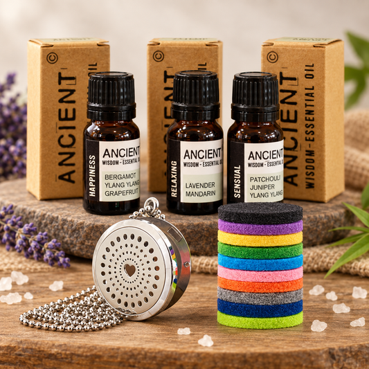 Diamonds Heart aromatherapy diffuser necklace with Happiness Relaxing and Sensual essential oil blends UK