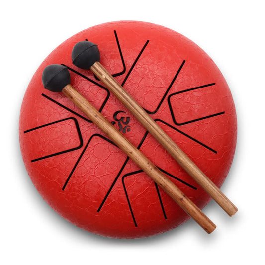 Red Om HAPI steel tongue drum with eight dark tuned tongues, engraved centre, two wooden mallets and sturdy patterned carry bag