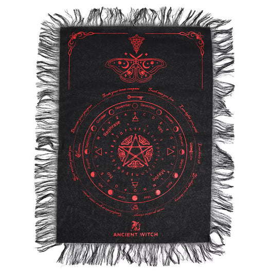 Ancient Witch Pendulum Divination Cloth - Mystic Moth - Black & Blood Red