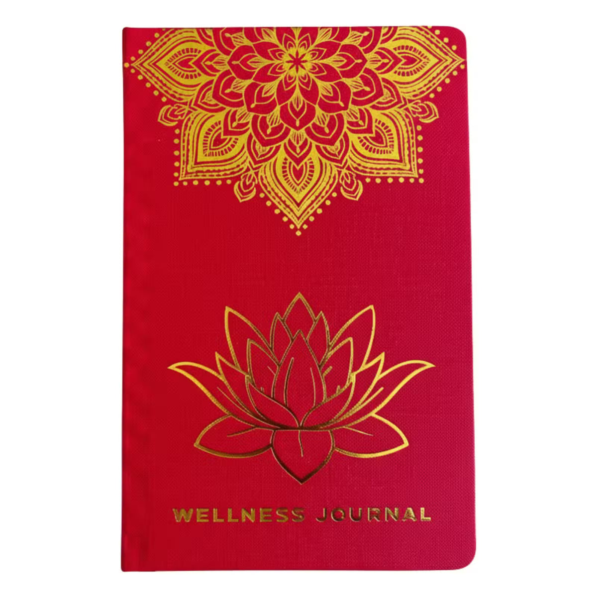 Red wellness journal with gold mandala and lotus flower design and 120 guided wellbeing pages