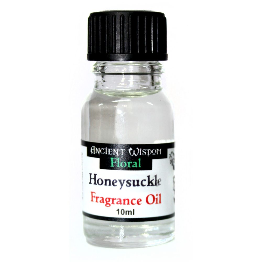 A small, clear glass bottle containing a colorless liquid sits against a white background.  The bottle has a black cap and a label reading: "ANCIENT WISDOM Floral Honeysuckle Fragrance Oil 10ml".