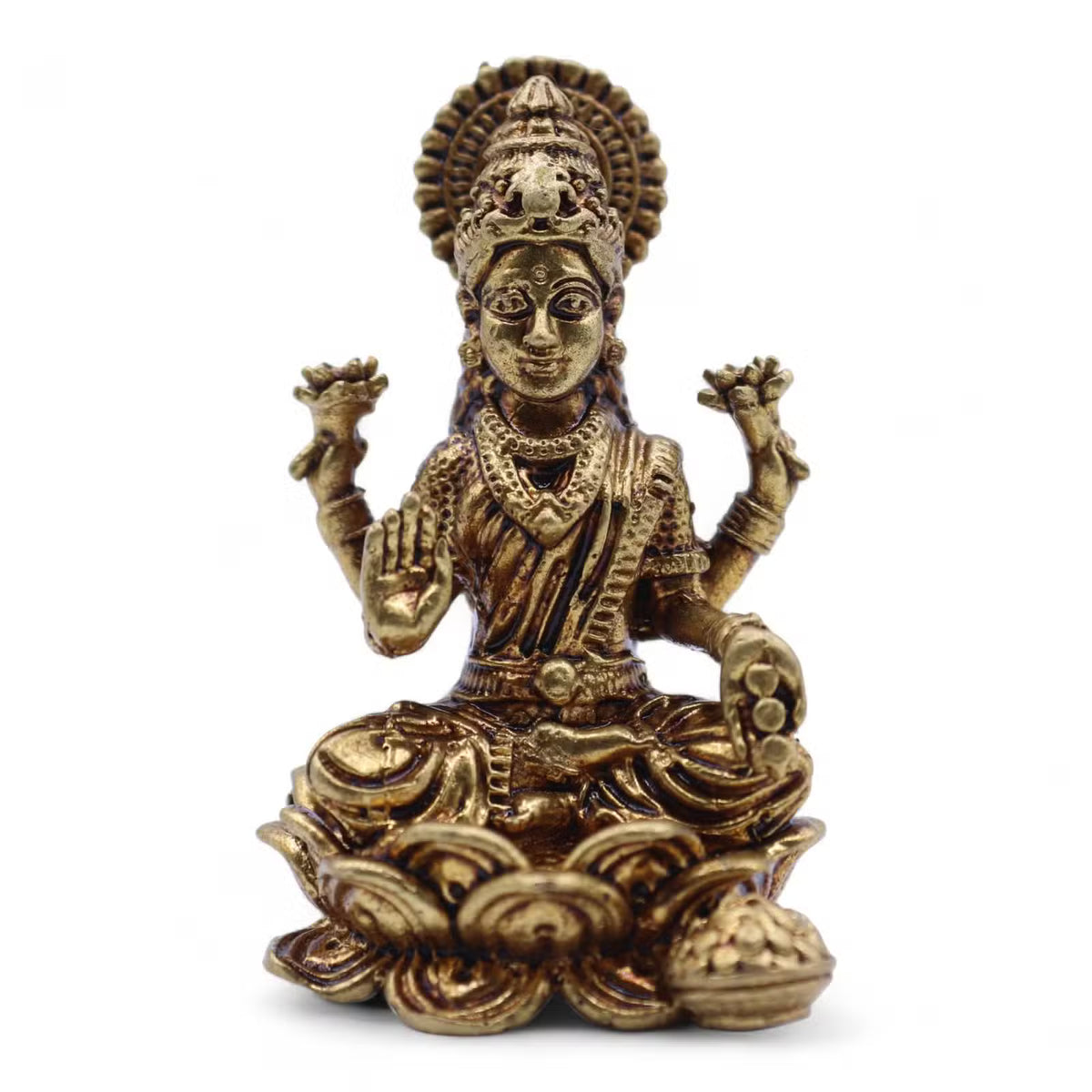 Brass Lakshmi abundance statue seated on lotus base 49mm Hindu deity figurine UK