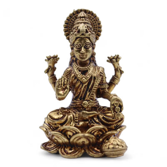 Brass Lakshmi abundance statue seated on lotus base 49mm Hindu deity figurine UK