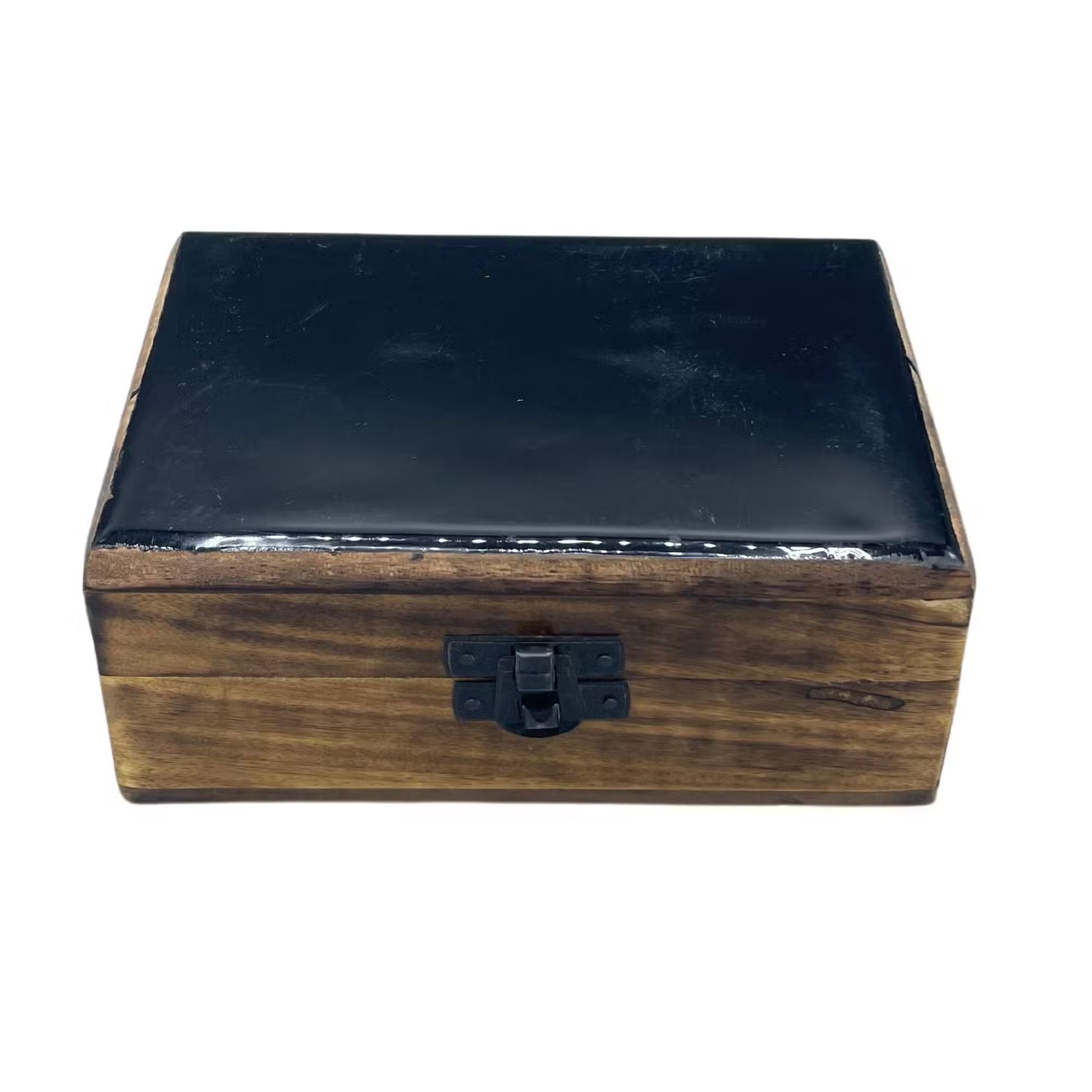 Large handcrafted mango wooden box with a black glazed ceramic lid for jewellery, crystals and keepsakes.