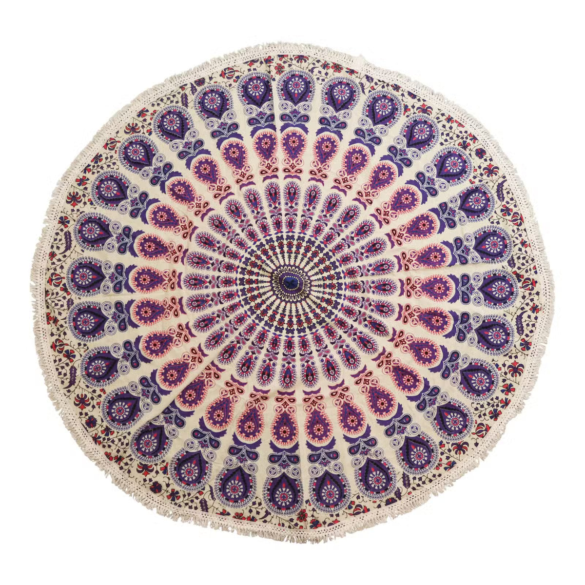 Peacock Purples mandala roundie cotton art with purple and gold design 130cm UK