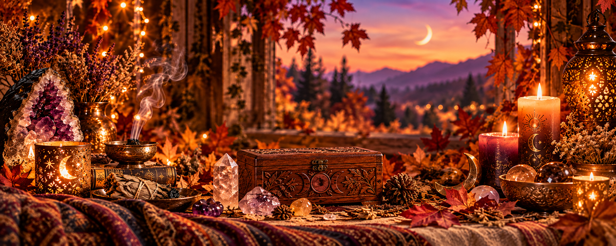 an autumn hued image of various items including candles, wooden boxes, incense and crystals against a backdrop of an open autumn night showing the crescent moon int he background on a darkening night