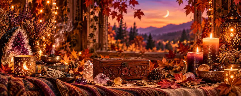 a warm autumn night, with a crescent moon showing in a darkening blue sky in front of an open window. The window is surrounded by various items in warm, autumn tones, candles, crystals, wooden boxes and more