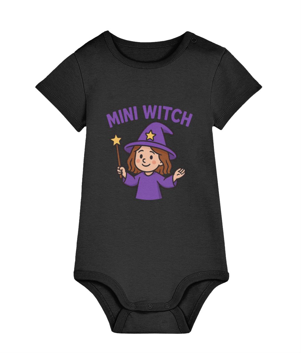 Bodysuit Mini Witch  - a cartoon child witch, complete with hat and wand, with the words Mini Witch on the front of a black bodysuit