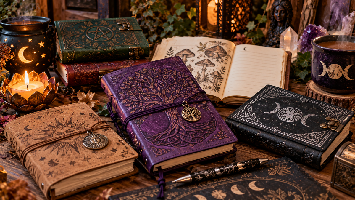 a collection of boho journals laid out on a desk