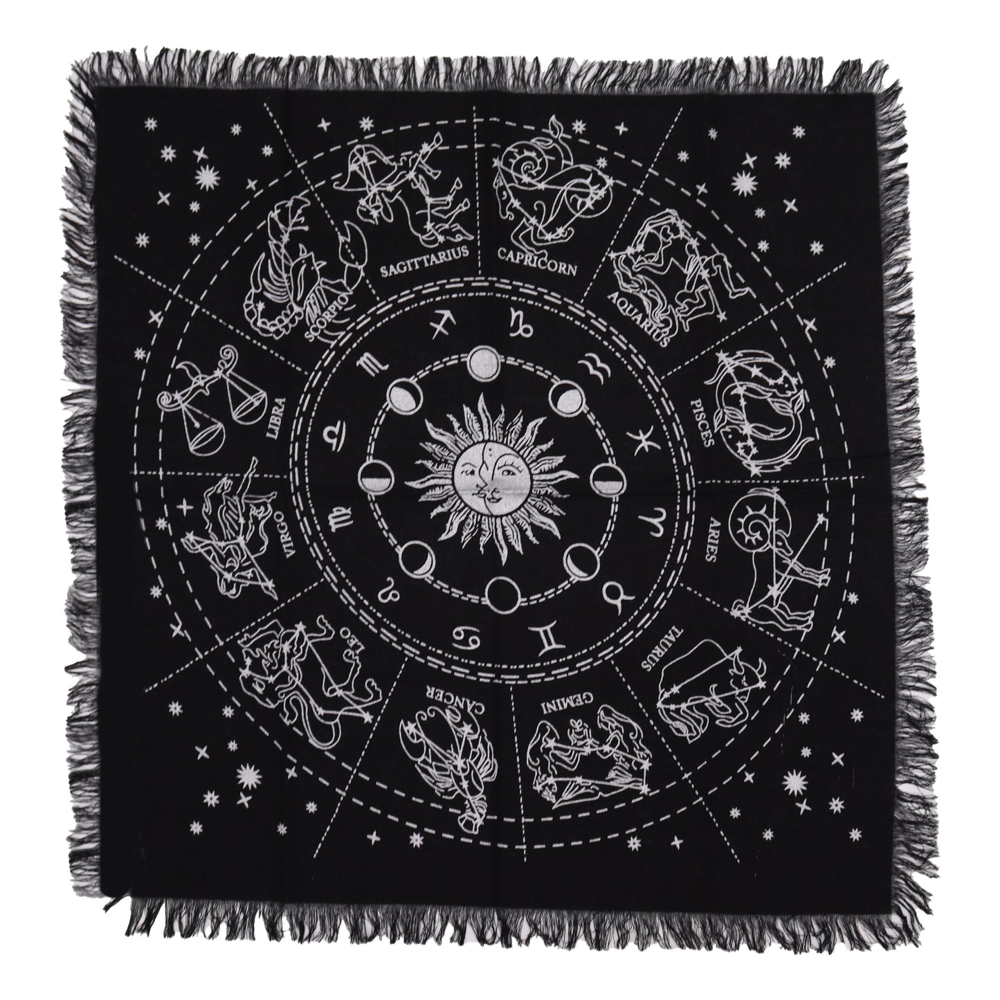Esoteric Fringed Altar Cloth Horoscope with zodiac wheel design and fringe edges for tarot and ritual use