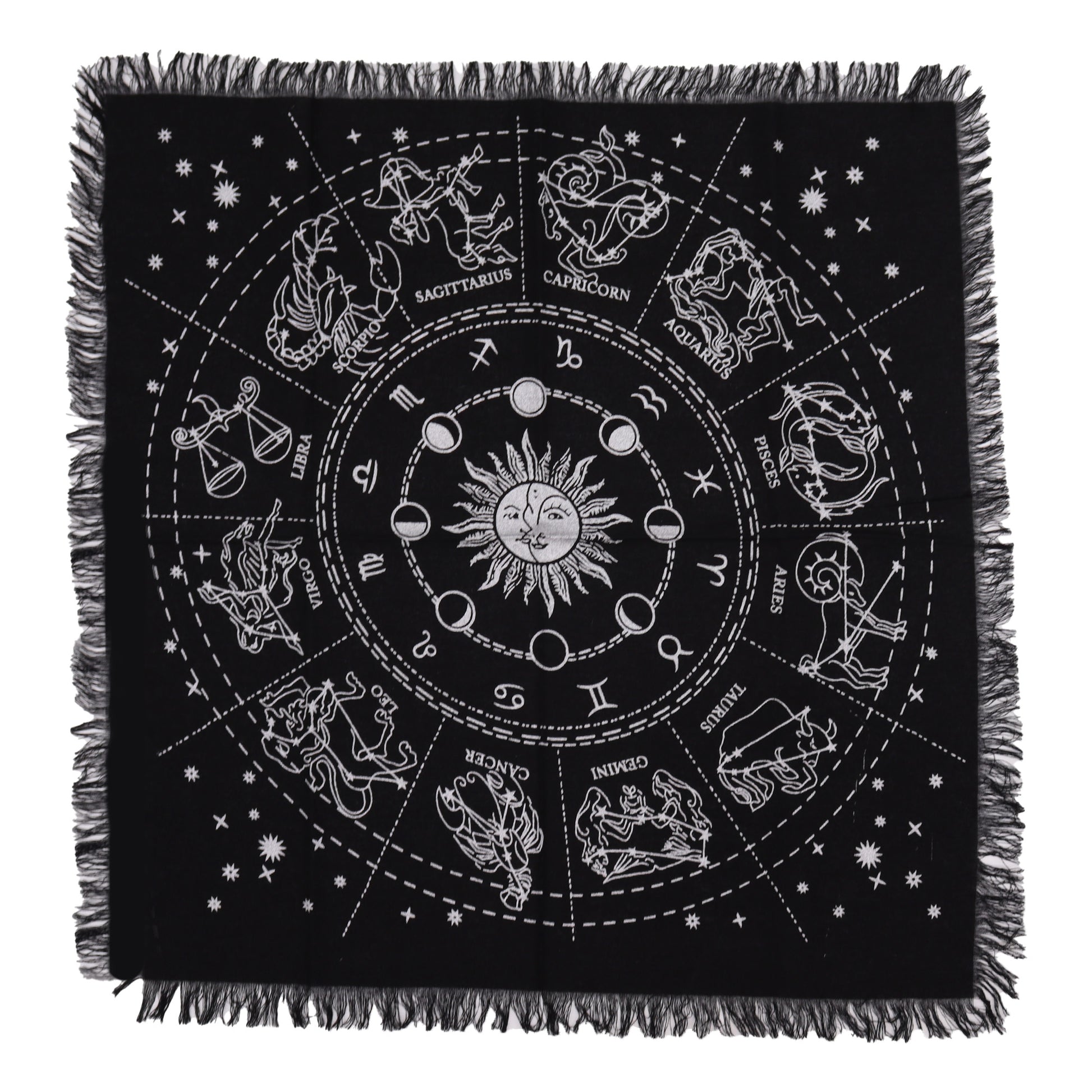 Esoteric Fringed Altar Cloth Horoscope with zodiac wheel design and fringe edges for tarot and ritual use