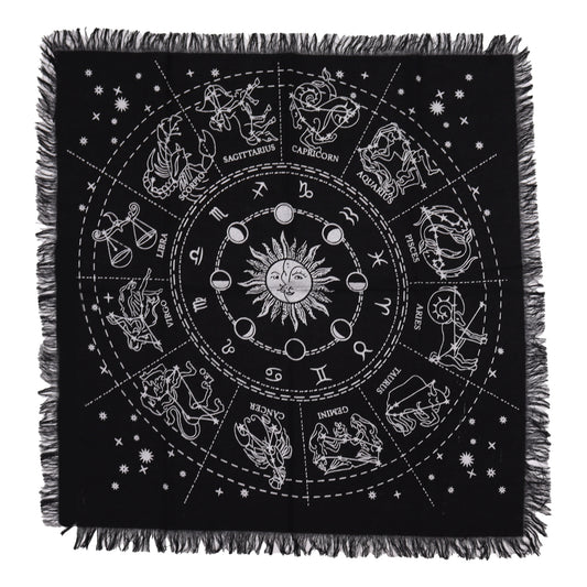 Esoteric Fringed Altar Cloth Horoscope with zodiac wheel design and fringe edges for tarot and ritual use