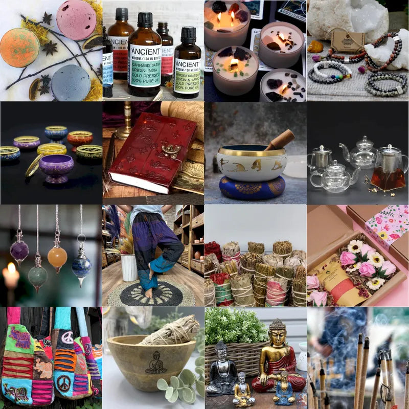 a square collage showing some of the items we sell including incense, buddhas, yoga pants, journals, singing bowls, gift sets and more