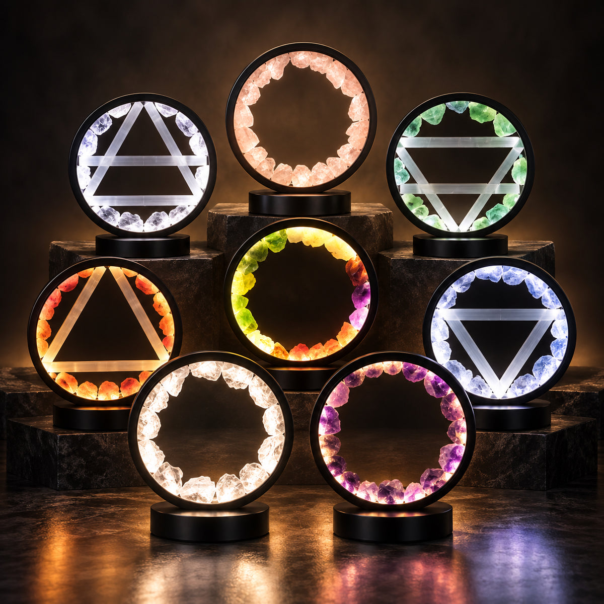a collection of halo lamps, all lit with gently coloured crystals shining, in a darkened room