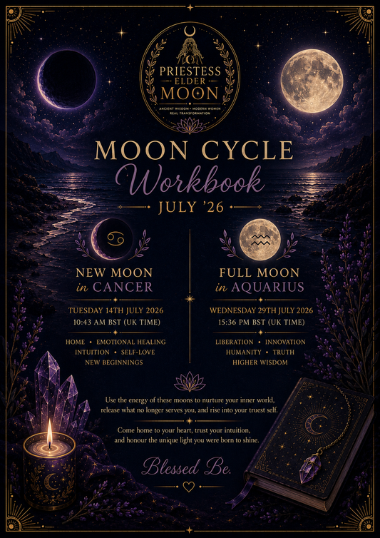 Moon Cycle Workbook July 2026 digital download featuring the New Moon in Cancer and Full Moon in Aquarius by Priestess Elder Moon.