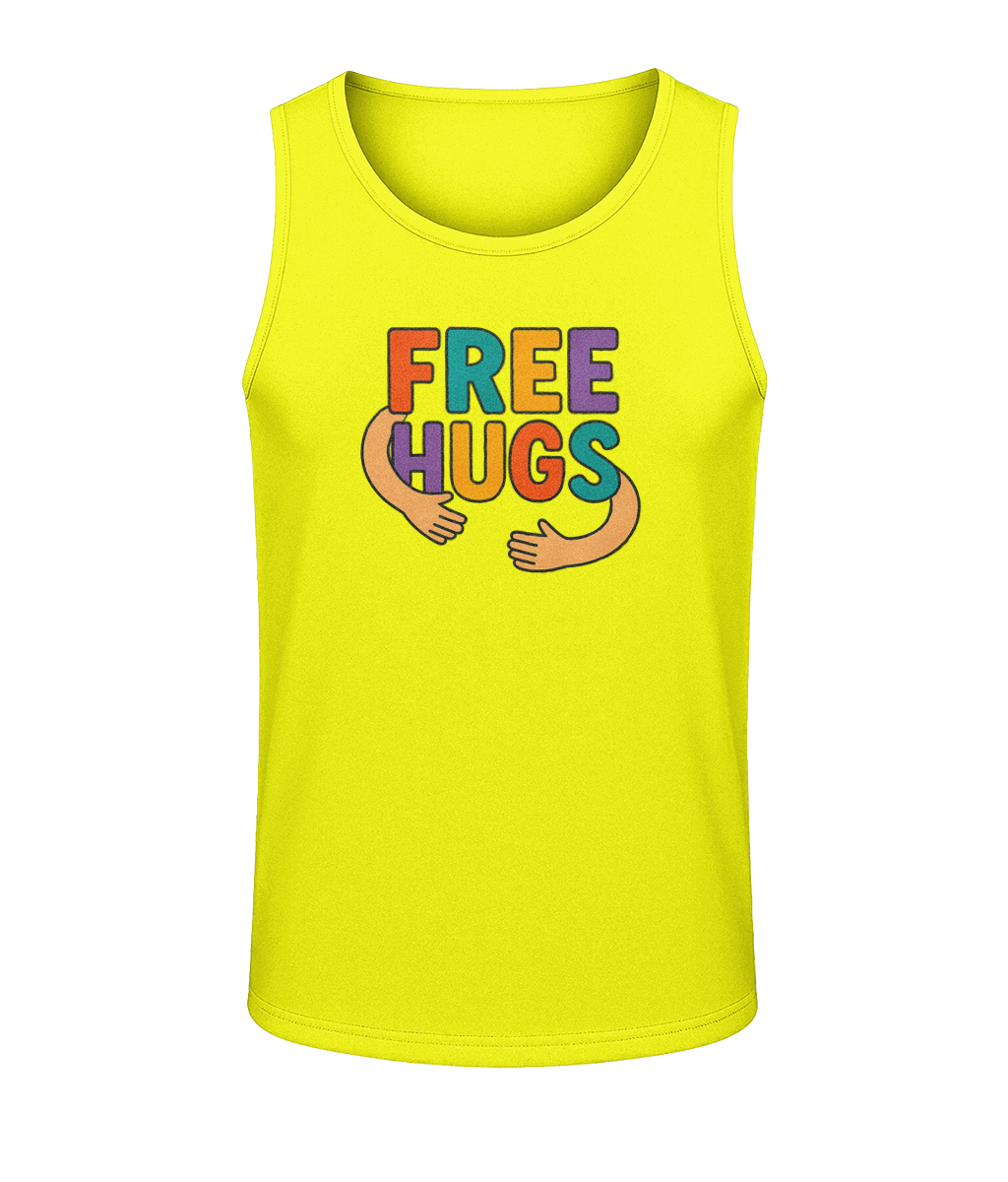 Men's Cool Vest Free Hugs - two arms hugging the words Free Hugs in bright varied colours on the front of a bright yellow vest top